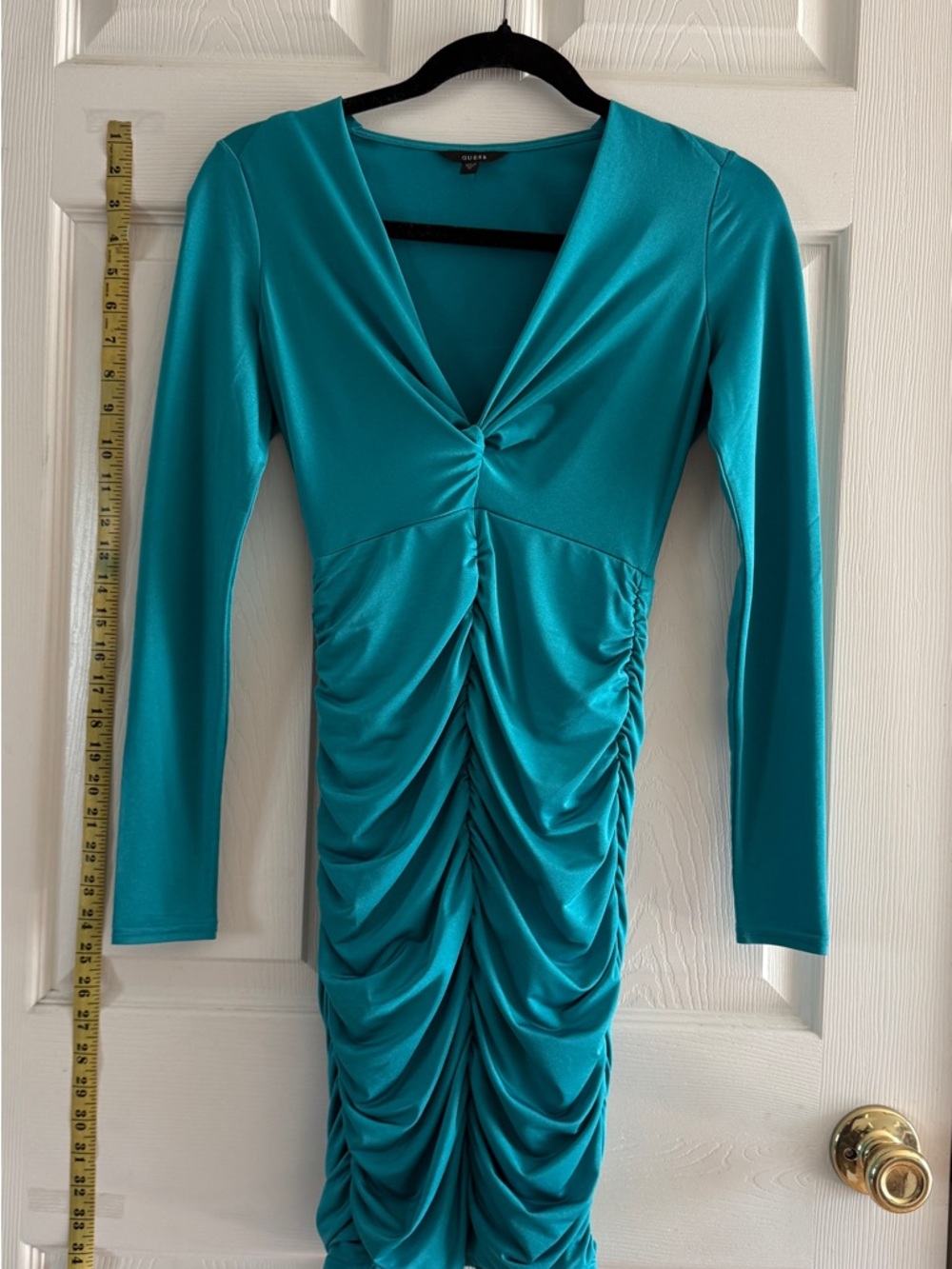 Guess Teal Ruched V-Neck Long-Sleeve Sheath Dress